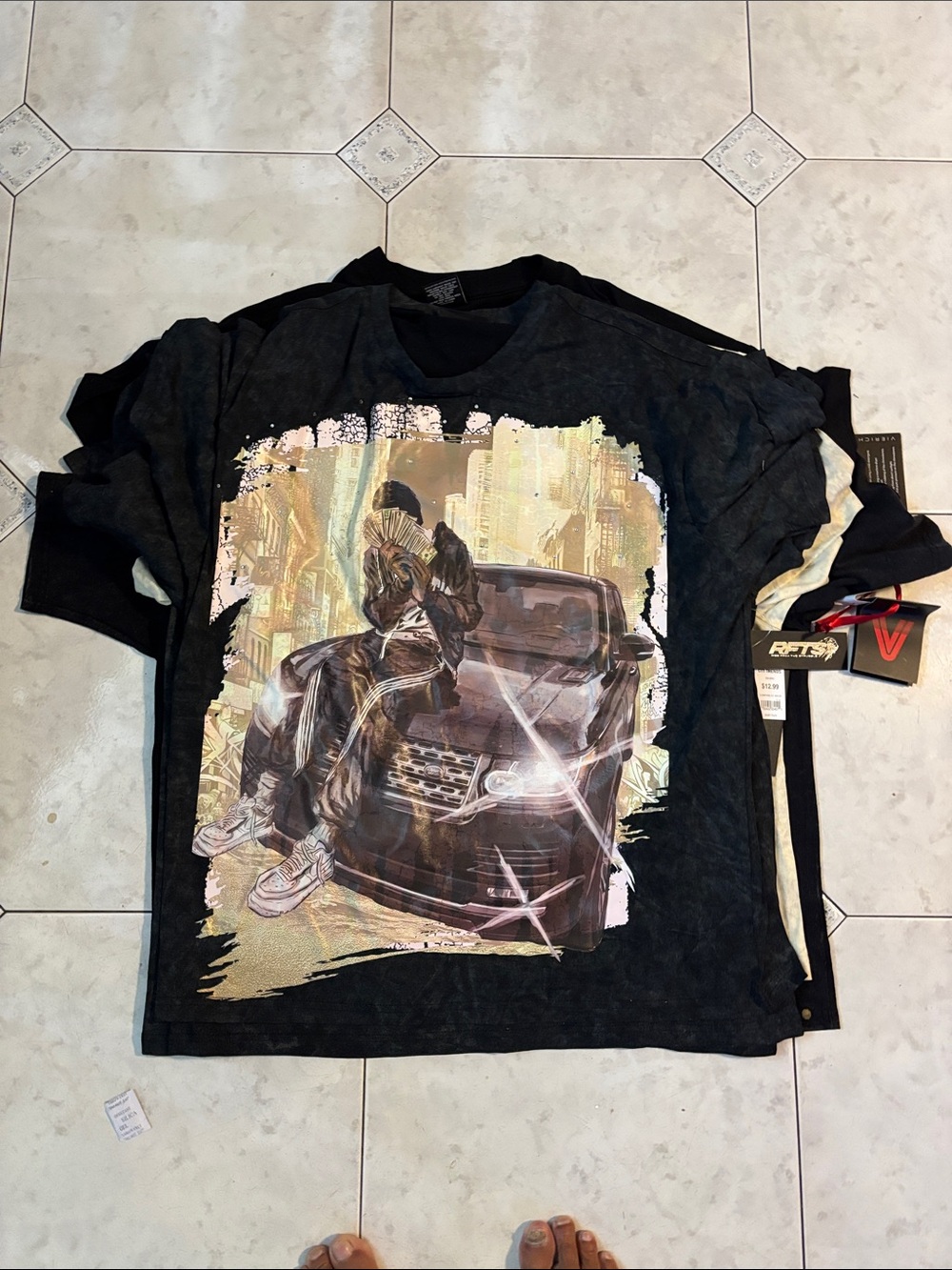 Reserved Black Short-Sleeve Graphic Tee with Urban Car Print